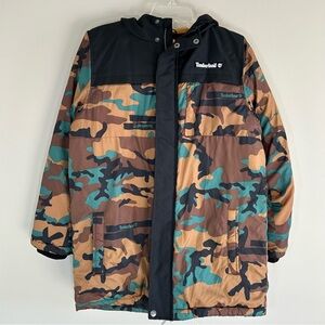 Timberland Boys Camo Parka Jacket LARGE 14/16 full zip Hooded Outdoor Coat